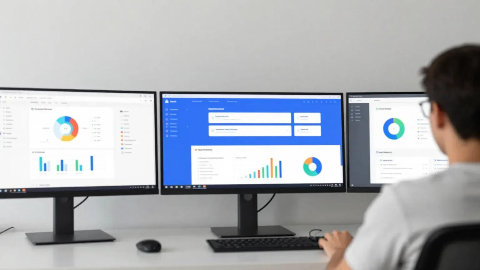 Uma única pessoa diante de uma parede de monitores, cada tela mostrando um agente de IA diferente trabalhando em tarefas de marketing