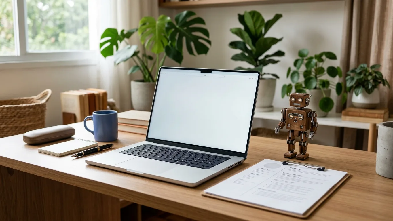 Notebook sobre mesa com currículo e pequena figura de robô ao lado, luz suave da manhã