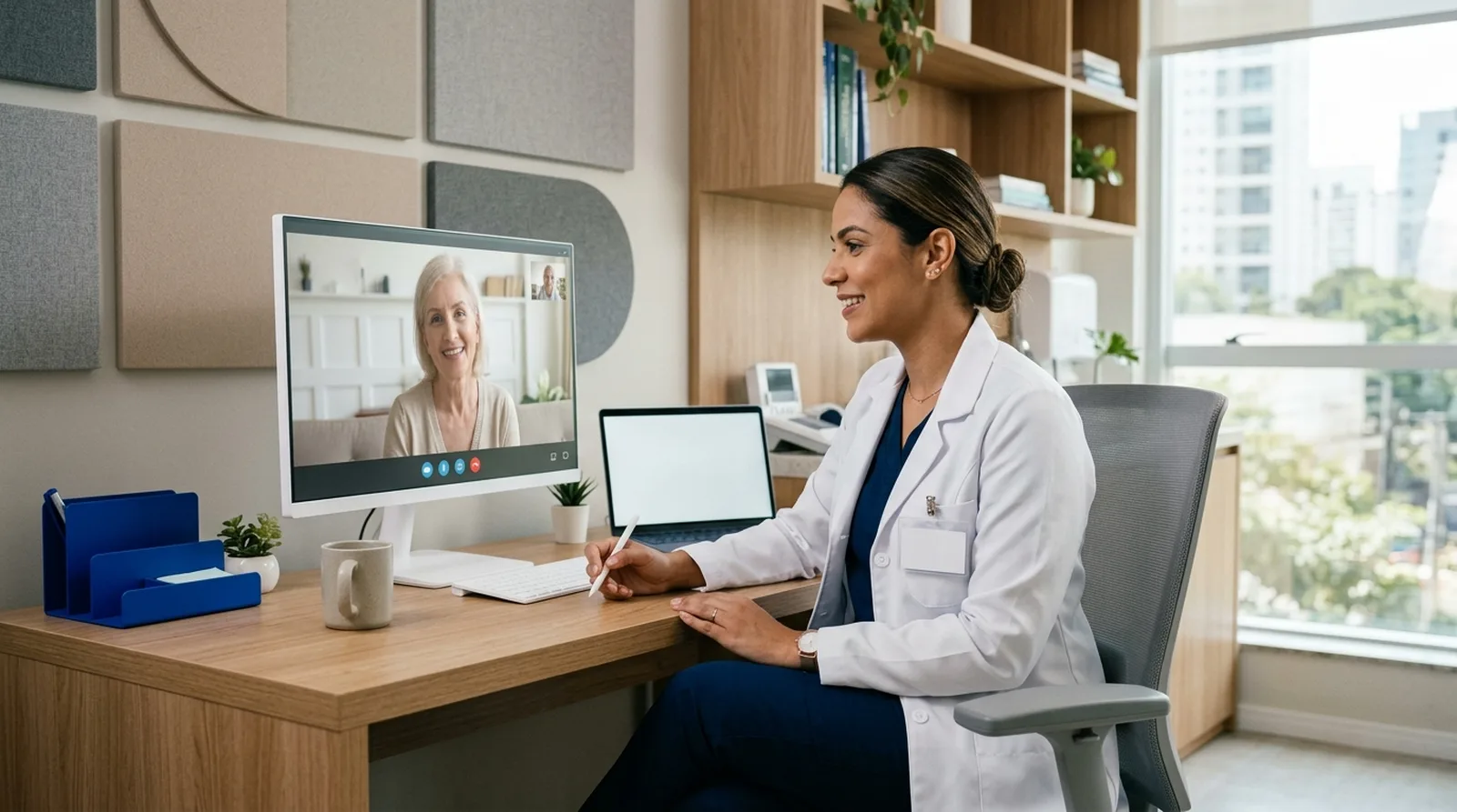 Médica em consultório com tela mostrando videoconferência de paciente