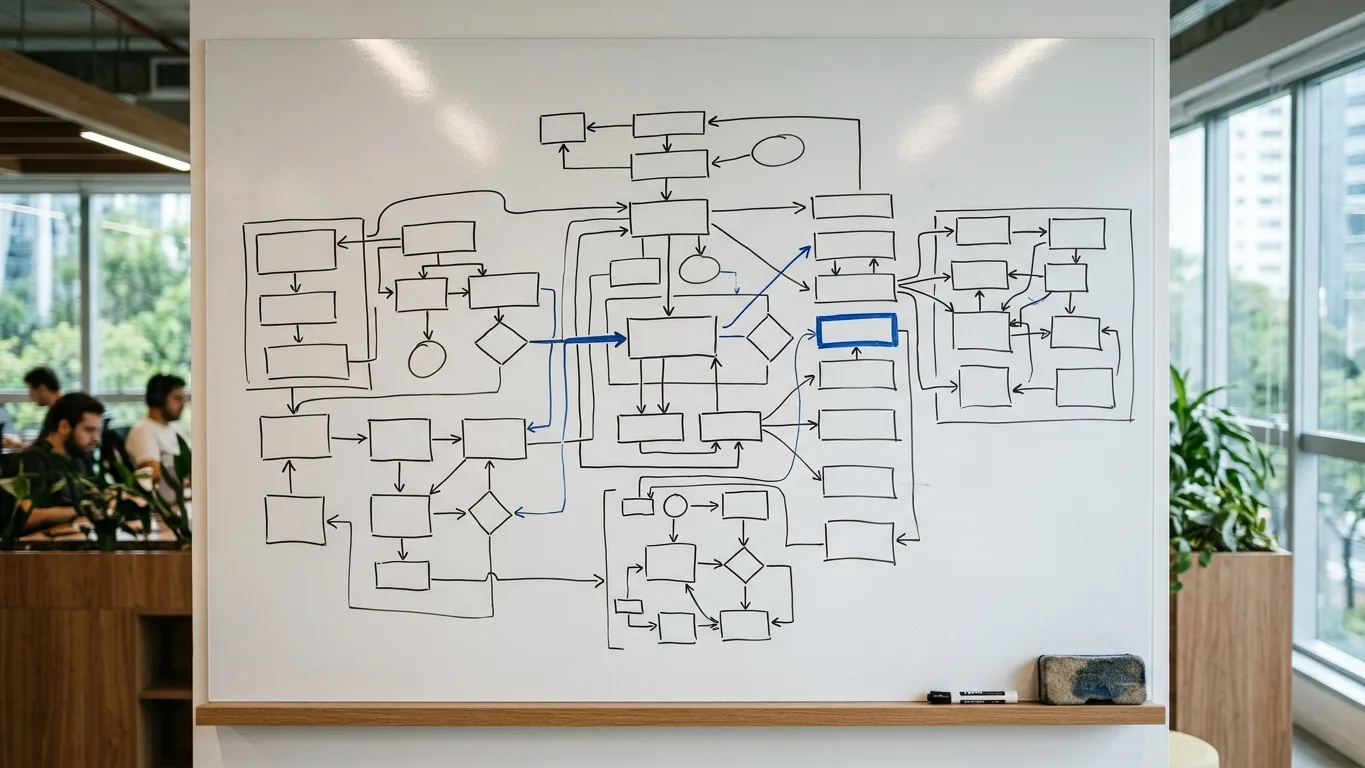 Quadro branco com caixas e setas desenhadas representando diagrama de arquitetura