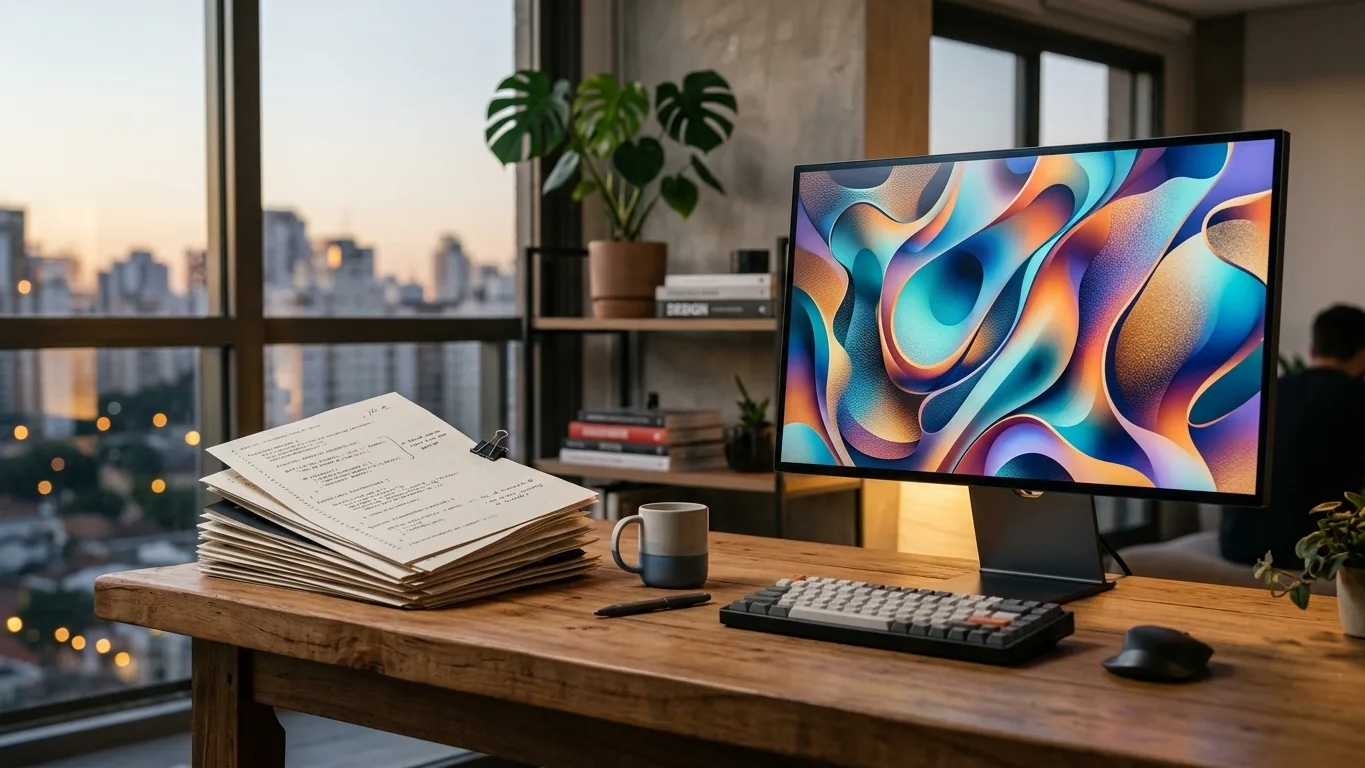 Pilha de trechos de código impressos ao lado de monitor exibindo imagem abstrata colorida