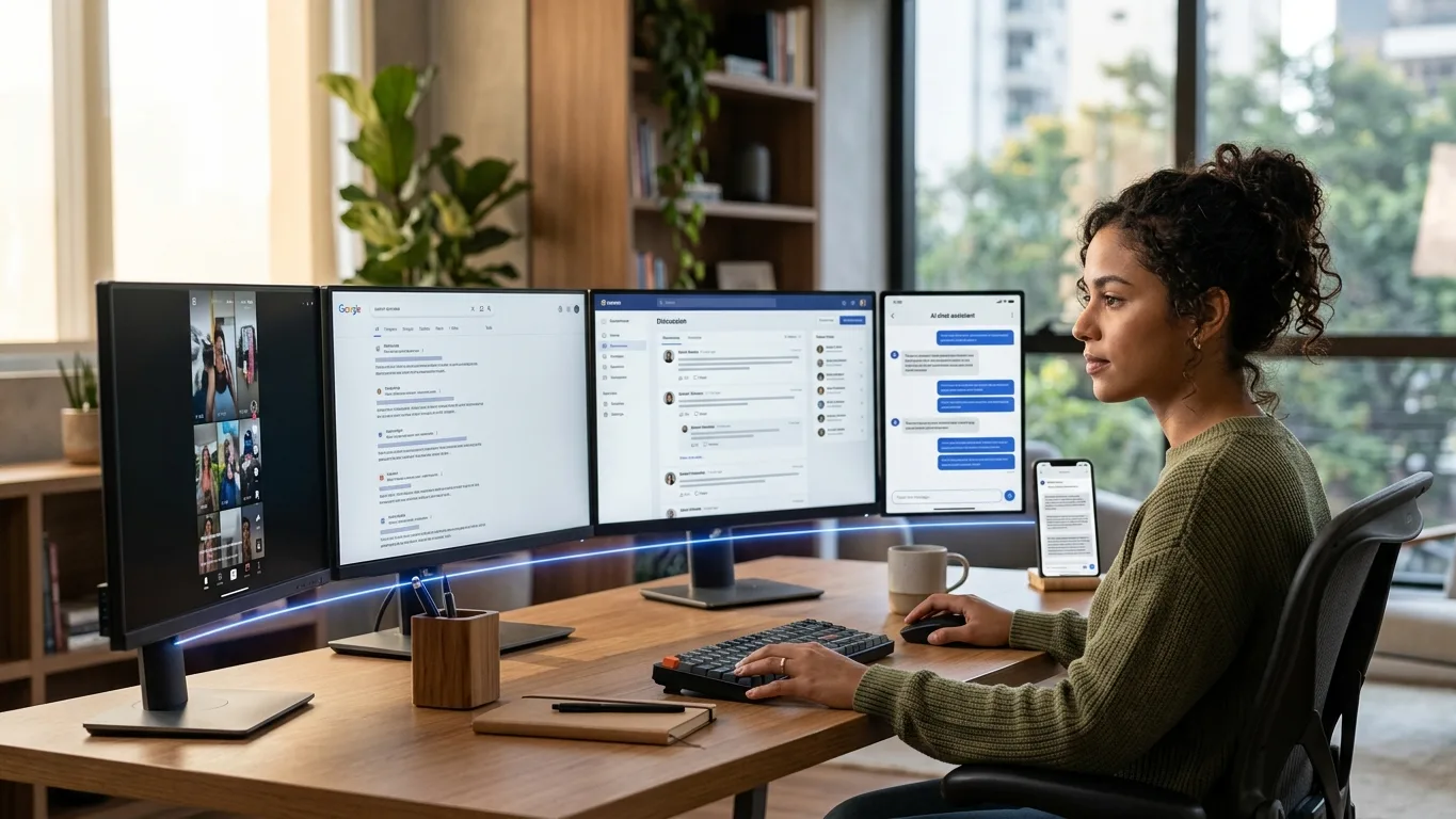Quatro telas sobre a mesa mostrando redes sociais, busca e assistente de IA