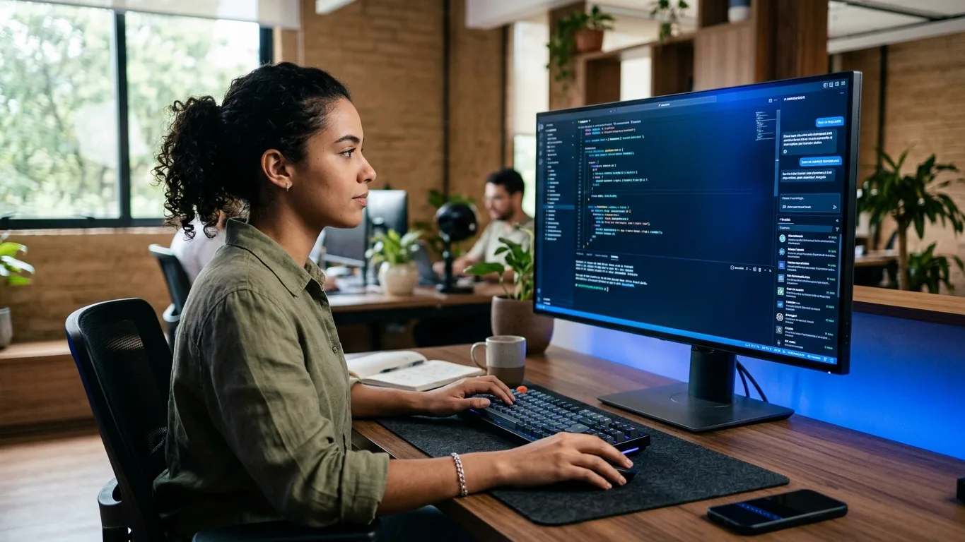 Terminal com interface de assistente de código IA e lista de plugins, luz azul