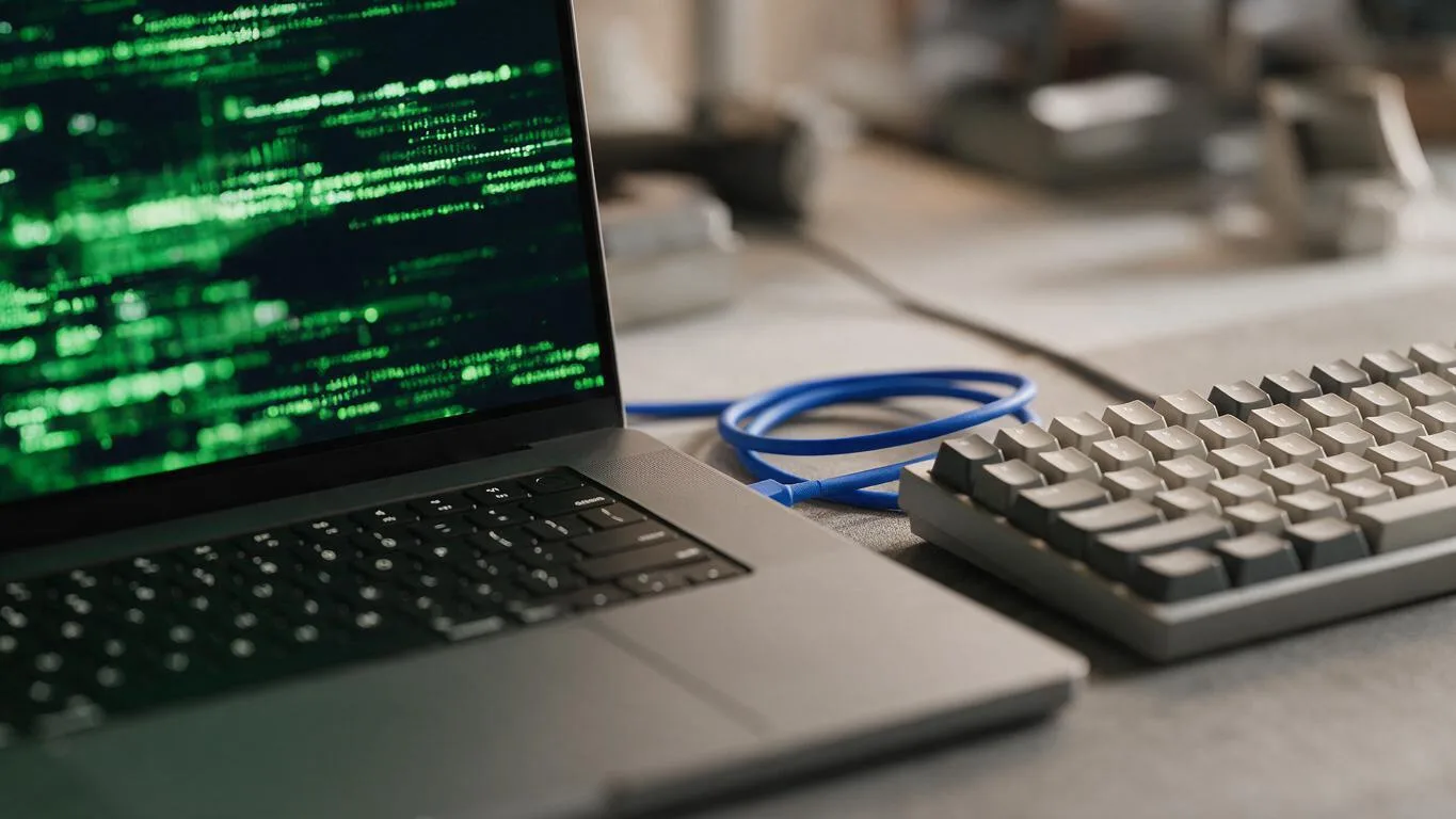 Notebook com terminal de código verde sobre fundo escuro e teclado mecânico ao lado