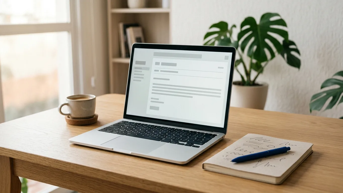 Tela de e-mail aberto com xícara de café e caderno de anotações ao lado