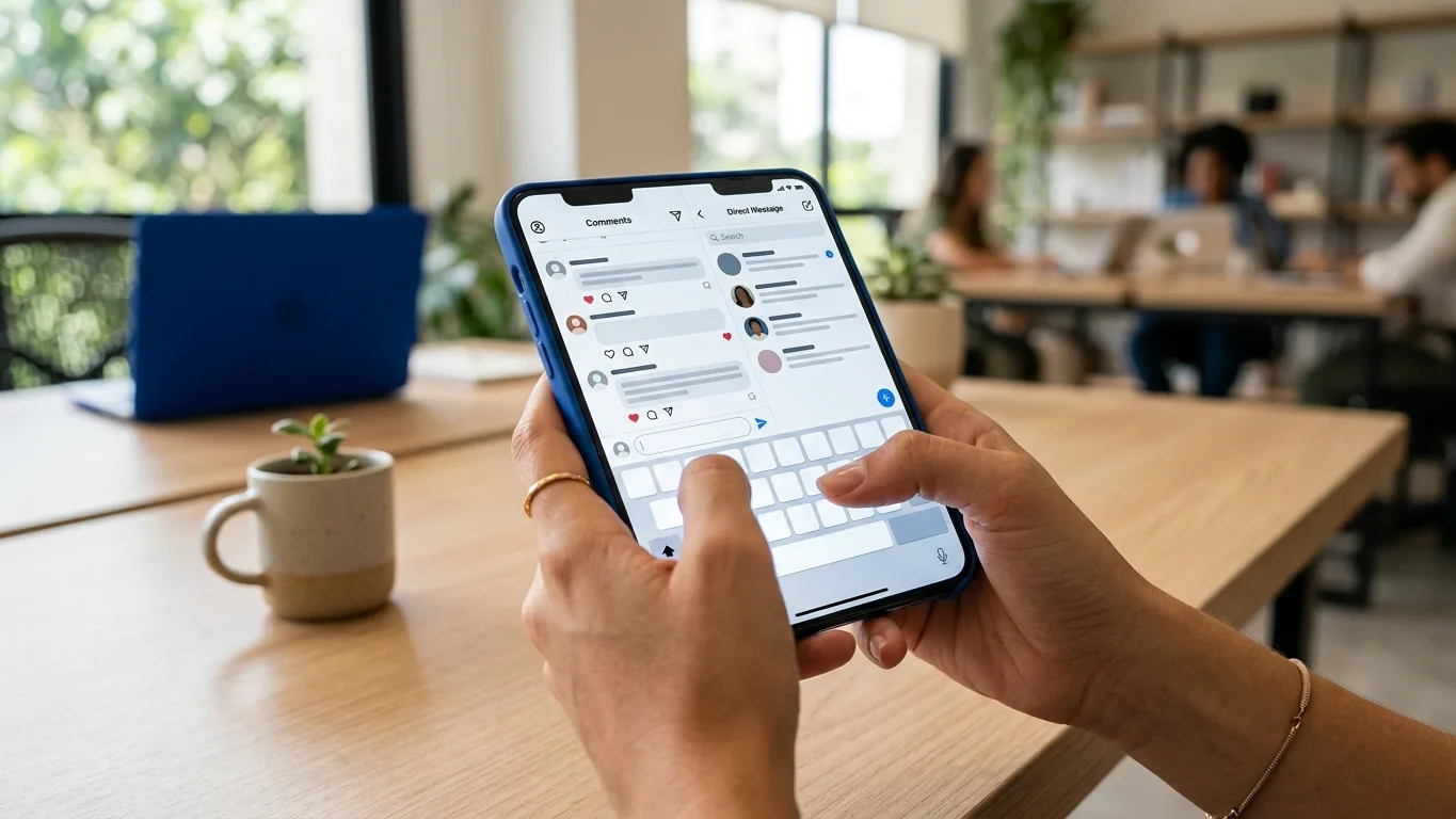 Smartphone com seção de comentários e caixa de DM, mãos digitando palavra-chave