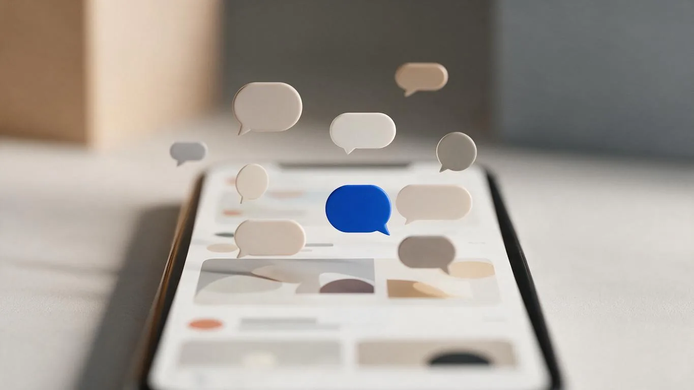 Tela de celular com feed social abstrato e ícones de balões de fala flutuando