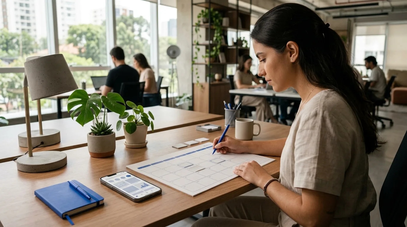 Mesa de trabalho com estratégia de publicação consistente no social
