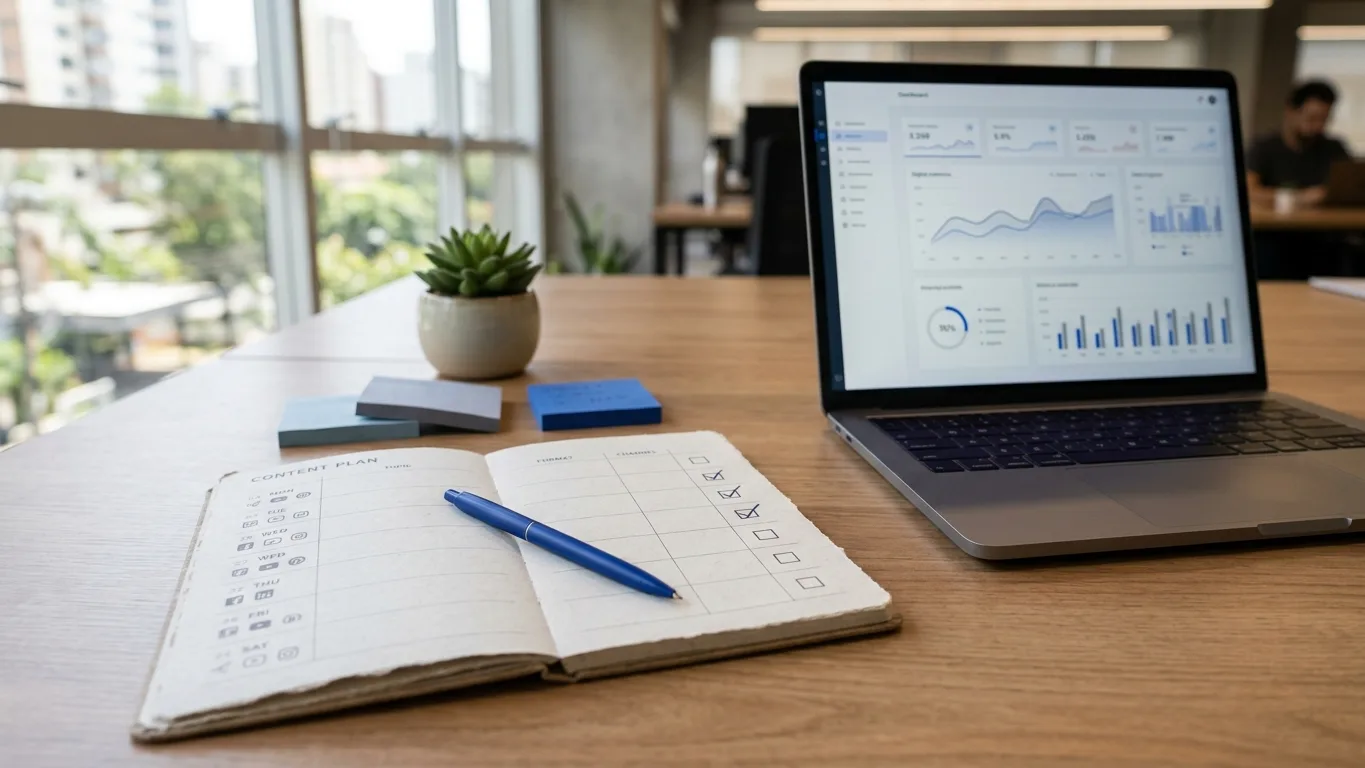Caderno de planejamento de conteúdo com checkboxes ao lado de notebook com dashboard de métricas