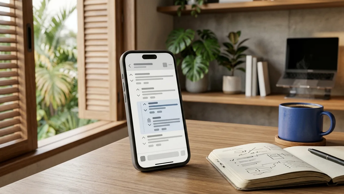 Smartphone sobre mesa exibindo discussão abstrata com setas de upvote, caderno e café ao lado