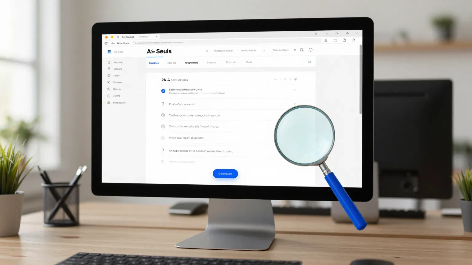 Wireframe de página com layout de perguntas e respostas em um monitor, com lupa encostada na tela