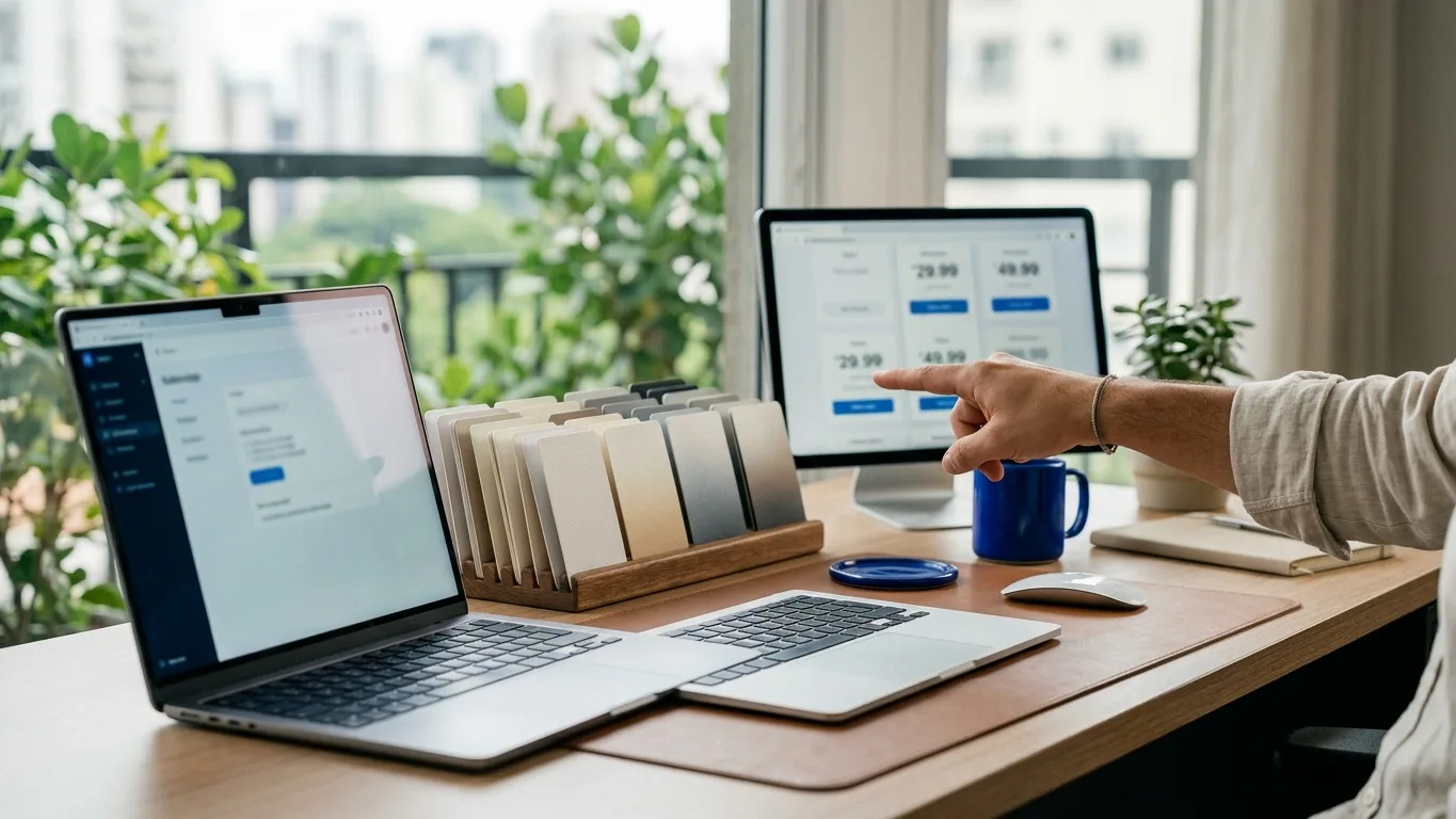 Prateleira de planos de software com preços e mão apontando para a tela