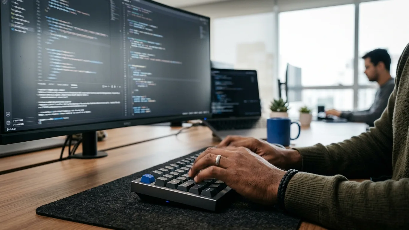 Mãos de desenvolvedor em teclado mecânico diante de monitor com fluxo de código