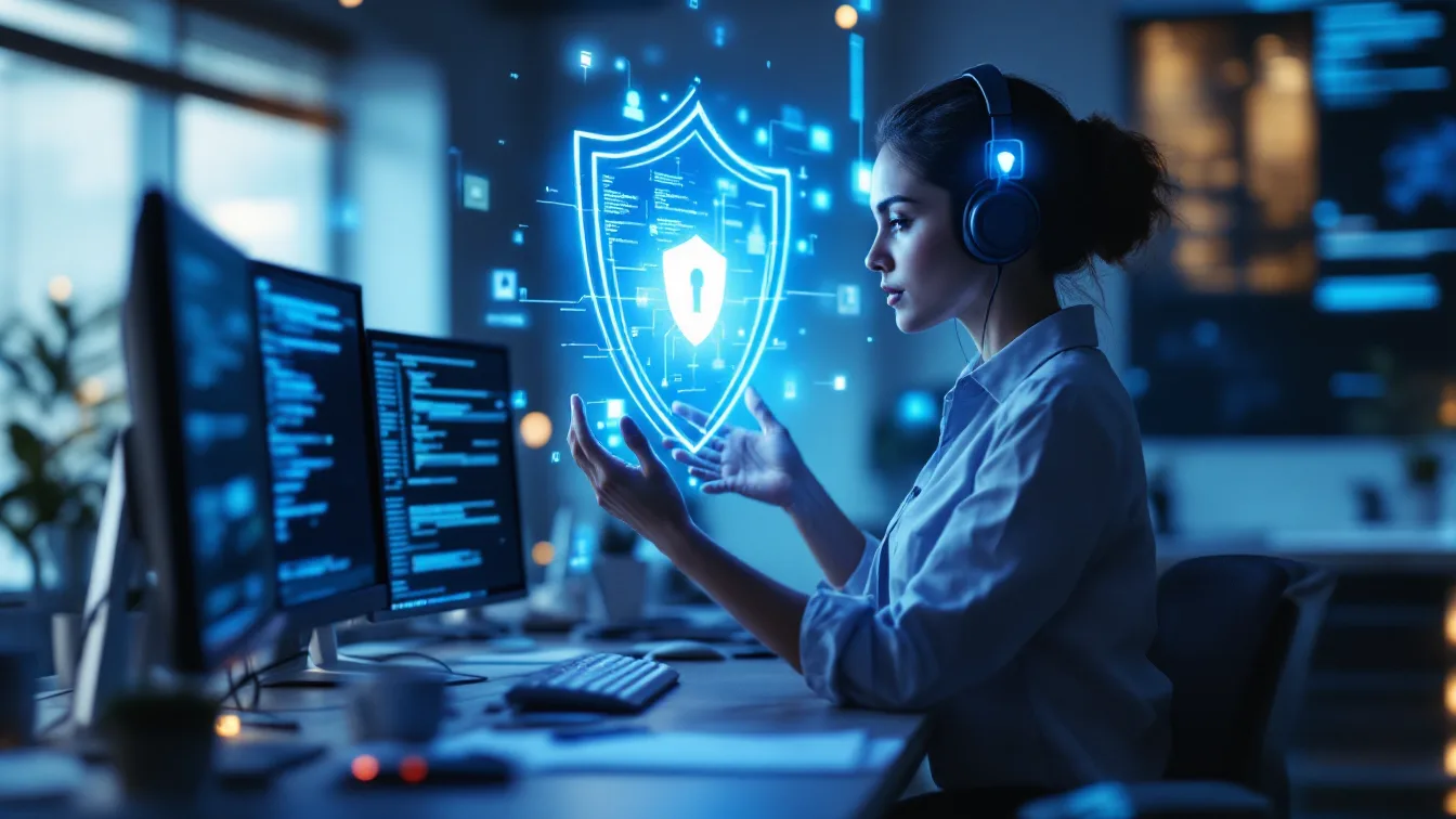 Centro de operações de cibersegurança com escudo holográfico azul protegendo uma rede digital