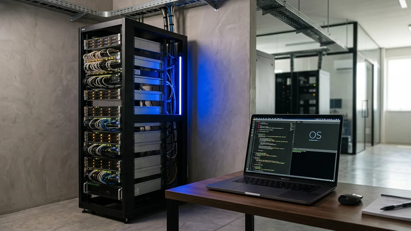 Rack de servidores com luzes acesas ao lado de notebook com código aberto