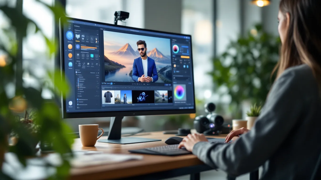 Designer editando uma foto de produto em tela grande dentro de um escritório moderno