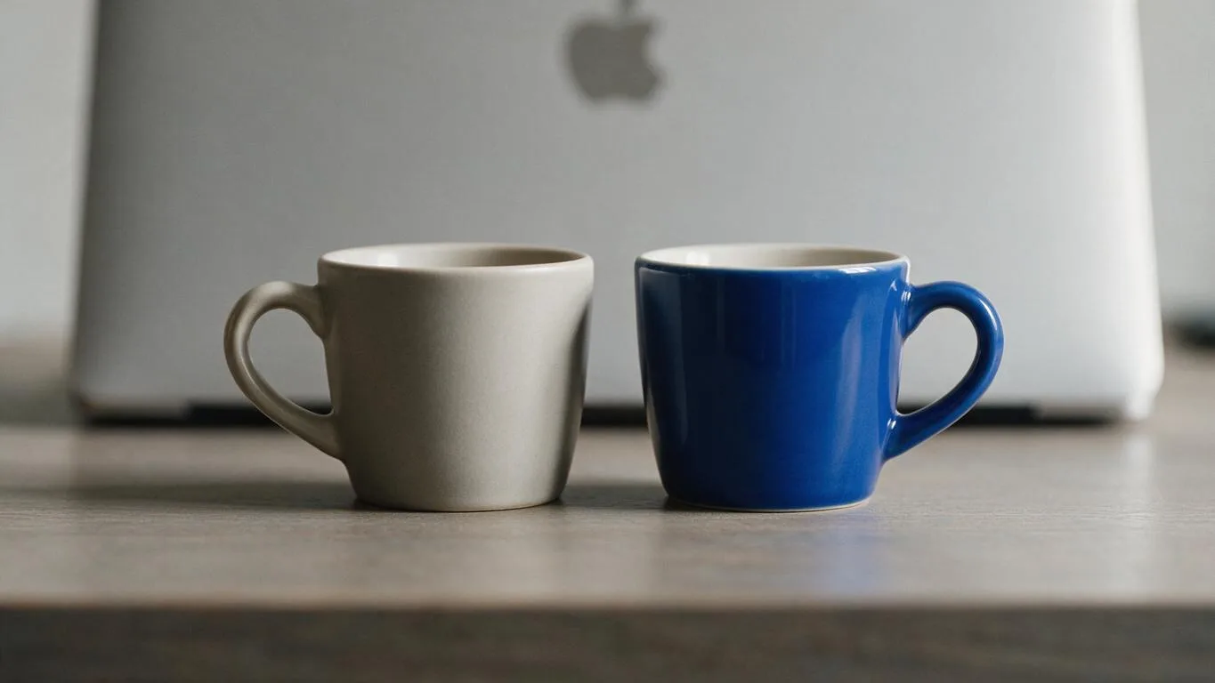 Duas xícaras de café idênticas lado a lado sobre mesa de madeira com notebook ao fundo