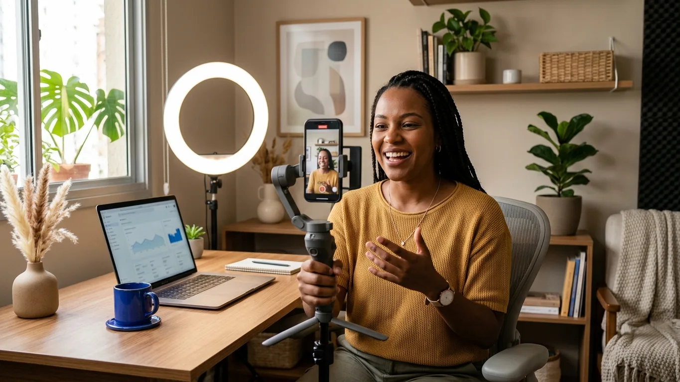 Criador gravando vídeo curto com smartphone em gimbal e ring light no estúdio