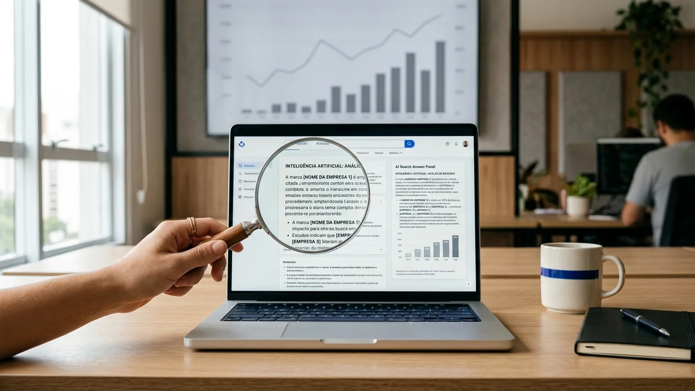 Lupa sobre tela de notebook mostrando menções de marca em resposta de IA