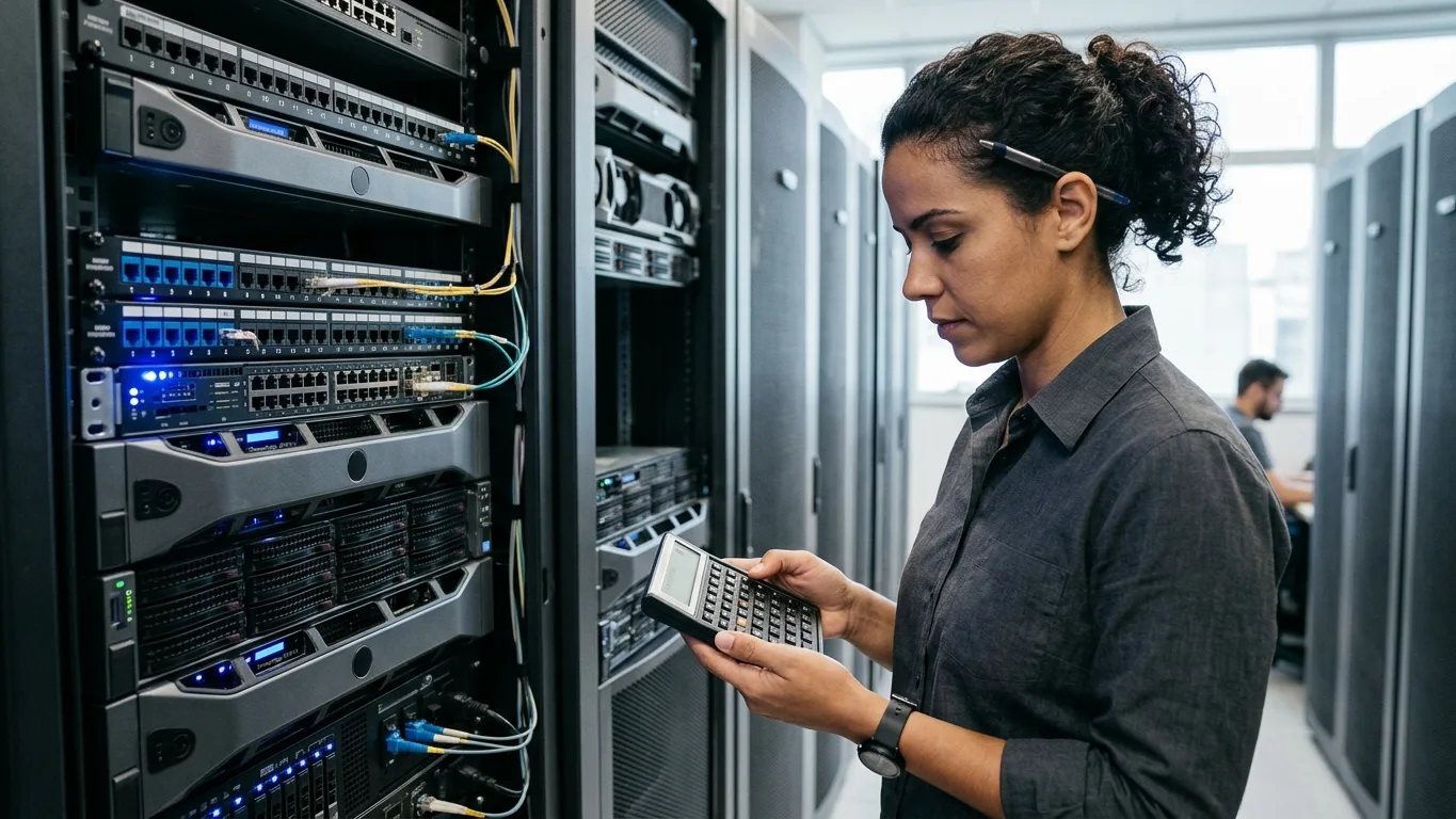 Rack de servidores com LEDs azuis e engenheiro com calculadora