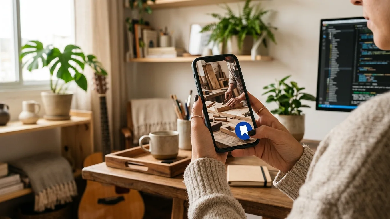 Smartphone na mão mostrando vídeo com ícone de salvar, pessoa guardando tutorial