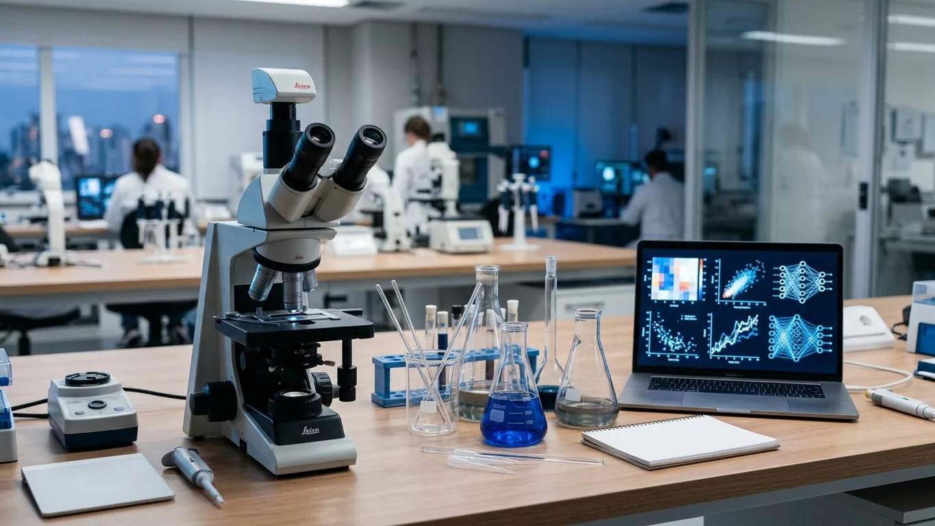Microscópio e vidraria de laboratório com notebook mostrando gráficos de dados abstratos