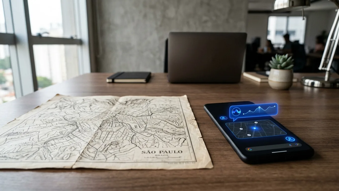 Mapa de papel antigo ao lado de smartphone com interface de IA brilhante