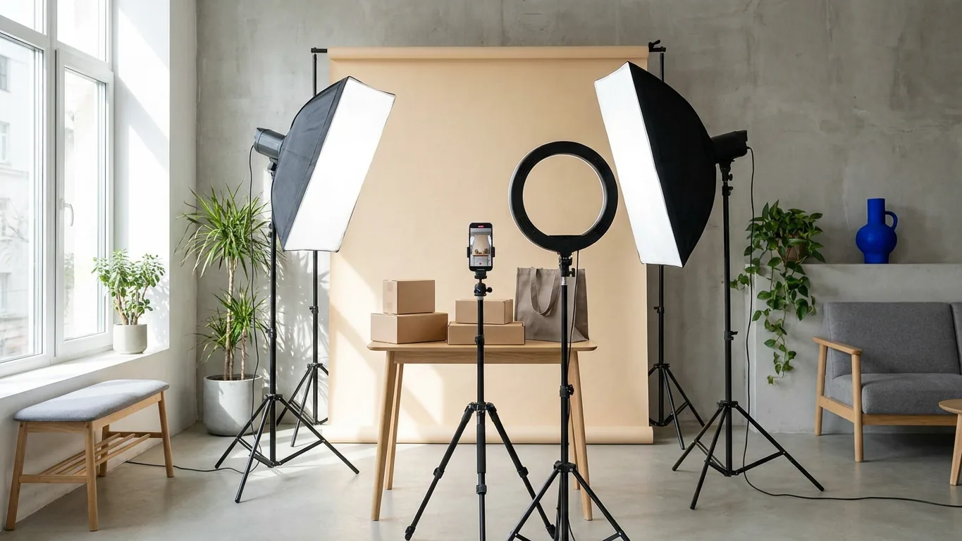 Ring light e celular em tripé apontados para uma mesa pequena com pacotes de papelão e uma sacola de compras