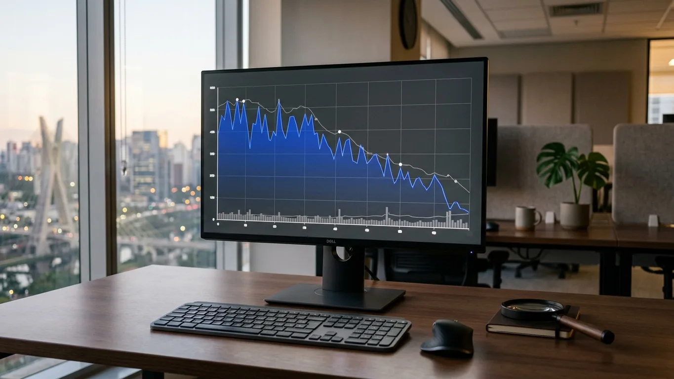 Monitor com gráfico de cliques em queda e lupa sobre a mesa
